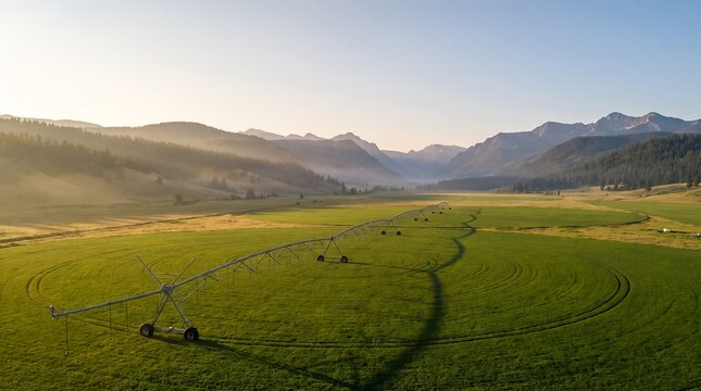 Aerial view of a center pivot irrigation system on a green farm at dawn