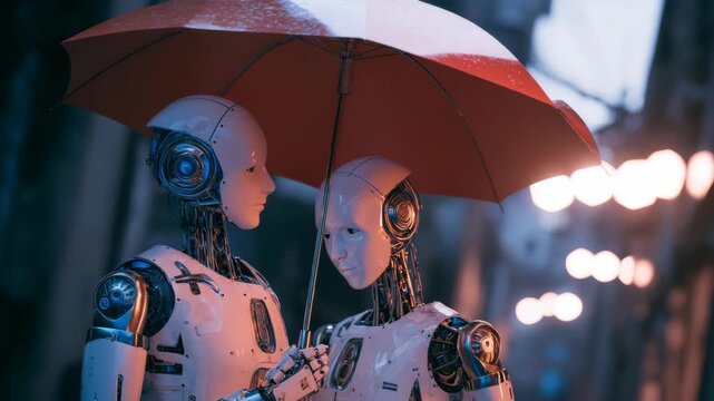 Two robots stand under a single umbrella. Rain taps the canopy softly. City lights glow faintly behind them. They face each other, silent and close. Steel limbs gleam in the evening gloom