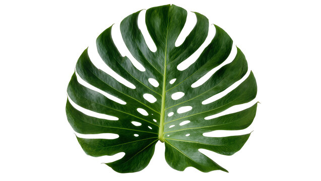 Isolated tropical green Monstera deliciosa leaf with unique fenestrations for modern design