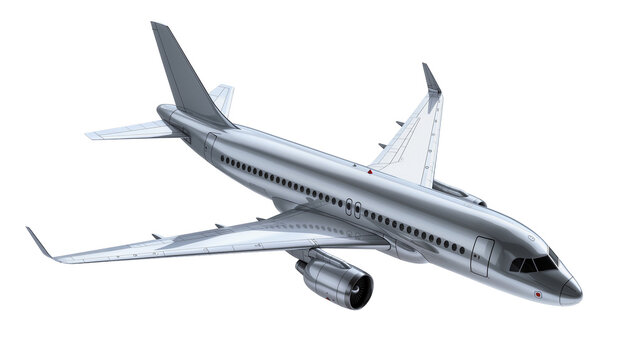 Isolated modern passenger jet aircraft with a sleek metallic silver finish, ready for departure.
