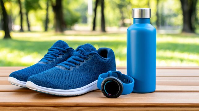 Smartwatch shows daily step goal next to walking shoes and water bottle on wooden bench in sunny park Generative AI