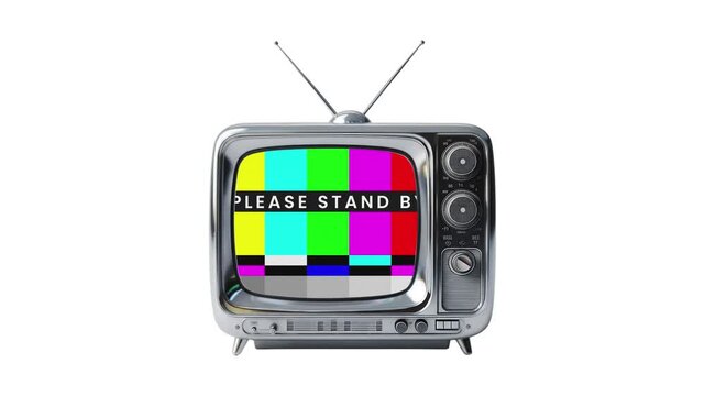 Retro television set displaying test pattern screen with please stand by message on white background
