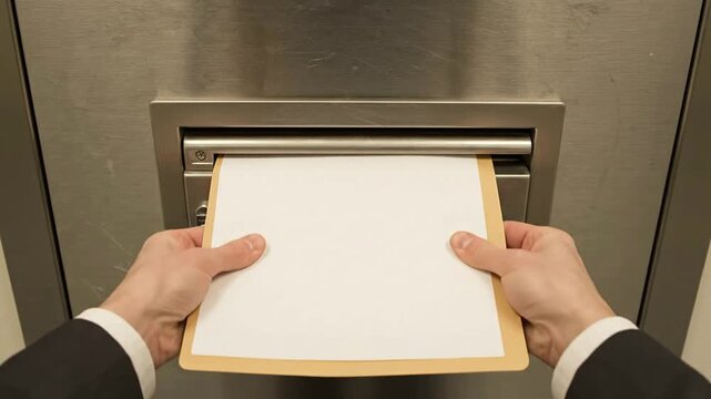 First Person POV Of An Investigative Journalist Placing A Confidential Document Into A Secure Drop Box In A Corporate Environment