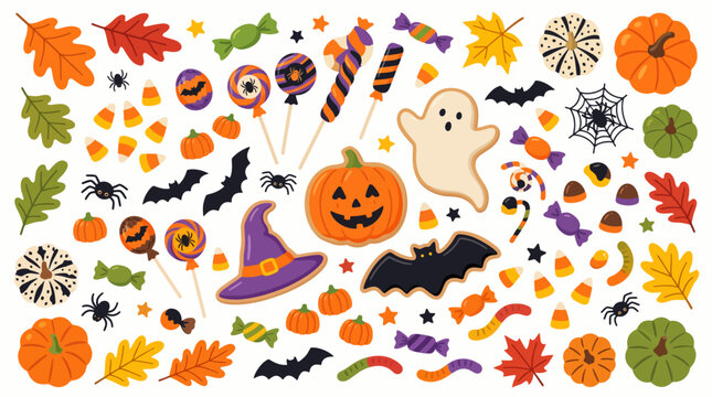 Halloween Collection of Festive Icons Featuring Pumpkins Bats Ghosts Candy and Autumn Leaves