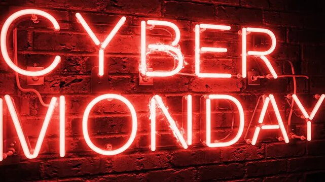 Red Cyber Monday neon sign on a brick wall