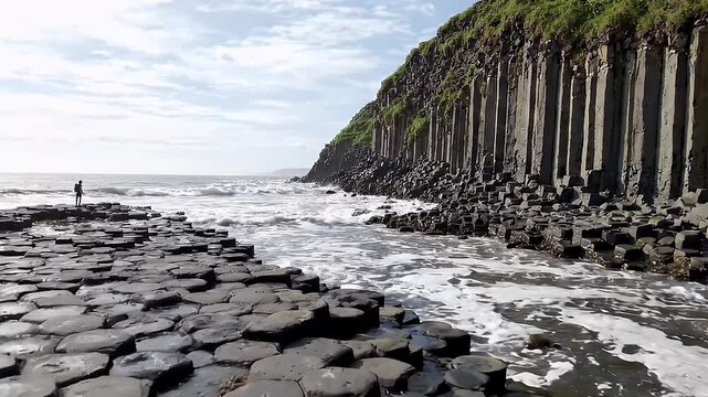 Tourist Exploring Giant's Causeway Basalt Rock Formations Along the Northern Ireland Coastline