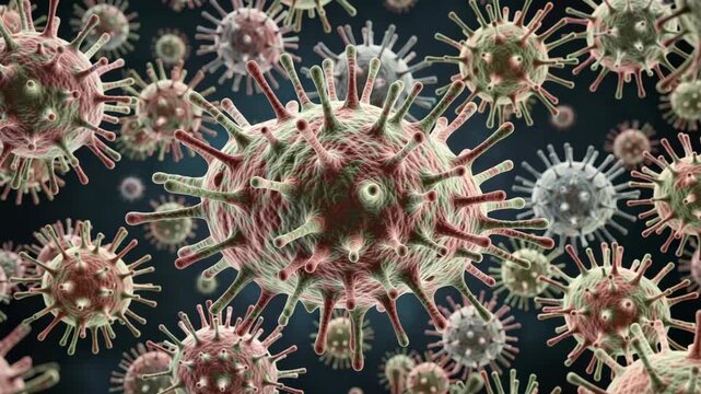 A detailed microscopic view of virus particles.