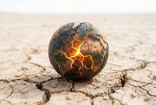 Cracked terrestrial globe glowing with internal fire rests on a barren dry desert landscape