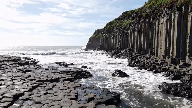 Close-Up of Hexagonal Basalt Column Rock Formations at Giant's Causeway UNESCO World Heritage Site