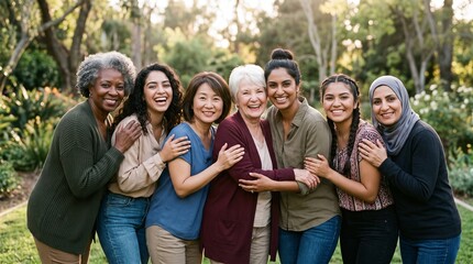 Fototapeta premium Diverse group of women of different ages and ethnicities smiling and laughing together outdoors