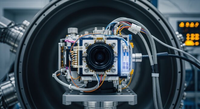 Closeup of a weather satellite sensor undergoing vacuum testing ensuring durability and reliability in extreme atmospheric environments.
