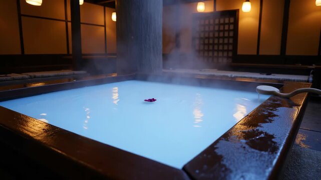Steam rises from wooden-framed hot spring. Pink flower floats gently on warm water. Wooden walls and lanterns glow softly. Dark tiles surround the steaming pool
