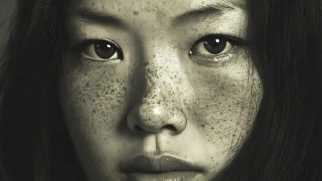 Black and white portrait of a young woman with freckles. Close-up captures her serious, direct gaze. Soft lighting emphasizes facial texture and expression. High contrast enhances emotional depth