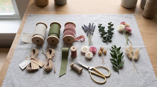 Crafting supplies for floral arrangements and gifts with ribbons and dried flowers