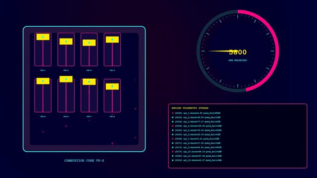 Predictive maintenance dashboard with moving circular tachometers and vertical bar graphs displaying engine telemetry data logs in a dark interface with vibrant neon glowing blue elements