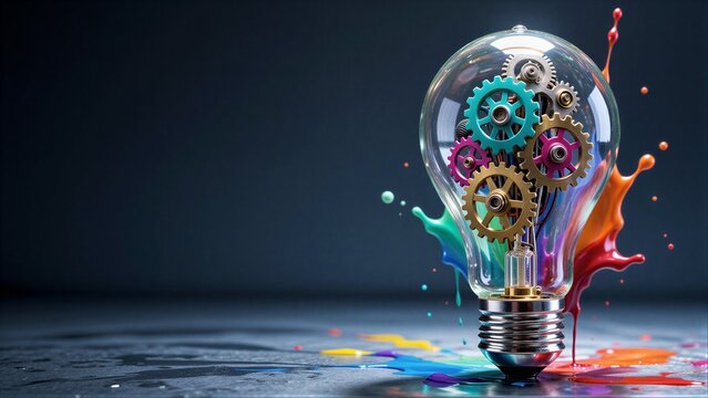 Colorful gears inside a light bulb, splashes of paint symbolizing creativity and innovation.