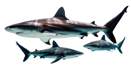 Fototapeta premium Isolated oceanic predators set, three powerful sharks swimming with elegant grace underwater