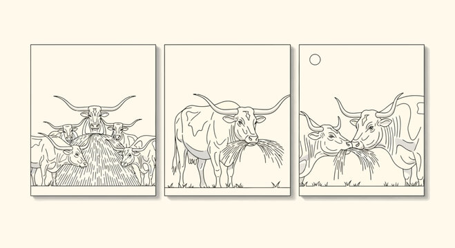 Herd of Longhorn Cattle Eating Hay Winter Feeding Line Art Sketch