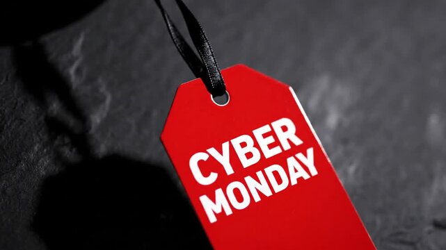 Red Cyber Monday price tag on black stone background