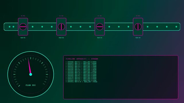 A predictive maintenance interface displays shifting valve positions on a digital pipeline map while pressure gauge needles fluctuate dynamically within a dark and minimalist software simulation