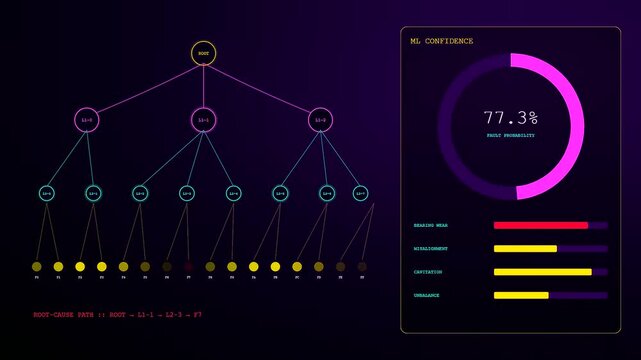 Digital predictive maintenance interface shows fluctuating network probability values across a branching system diagram with neon nodes displayed in a series of dynamic monitoring frame windows