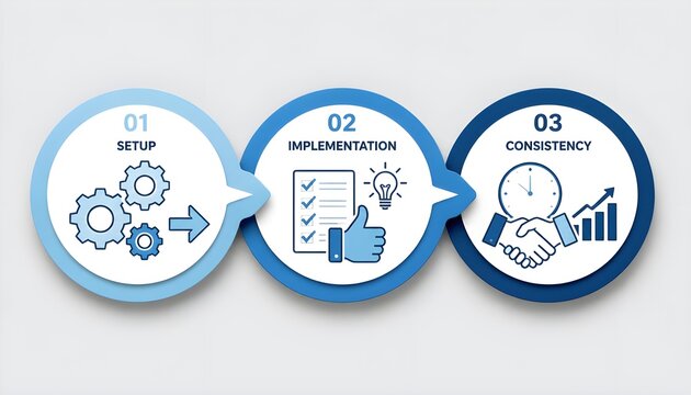 3 Step Business Process Infographic Diagram with Setup, Implementation, and Consistency Icons
