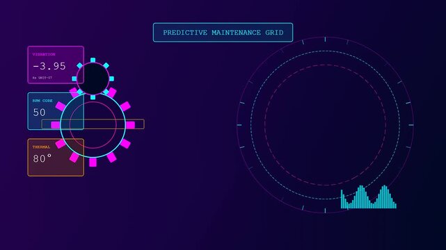 A digital predictive maintenance interface showing rotating cogwheels with flickering data metrics and pulsing circular progress indicators moving against a deep dark purple gradient digital screen