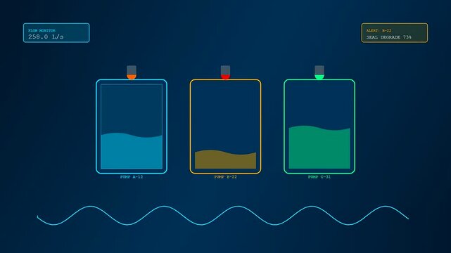A digital predictive maintenance interface tracks three vertical fuel storage levels with animated waves while data points flicker against a dark blue neon glowing computer screen