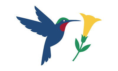 Obraz premium Minimalist hummingbird hovering near a trumpet flower with flat geometric shapes on a white background, modern nature graphic concept