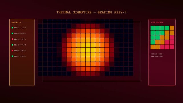 Predictive maintenance monitoring displays showing a vibrant thermal heat map interface with grid patterns and data tables on a dark purple industrial computer system user interface