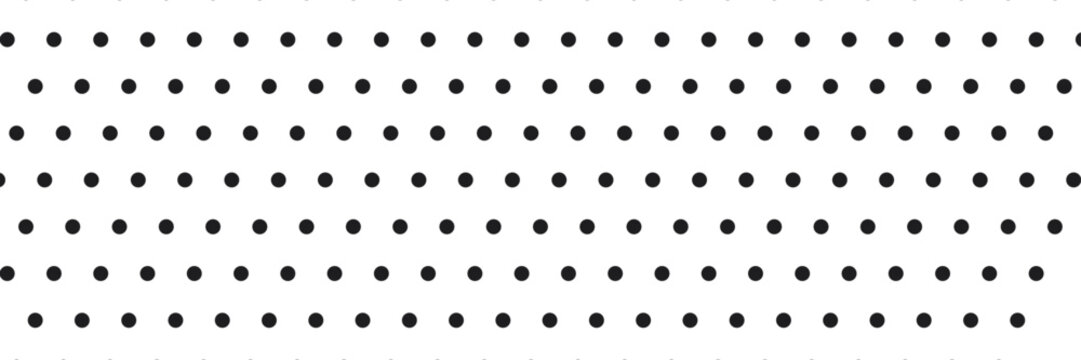 Repeating black polka dot pattern arranged in a staggered diagonal grid on a white background, dots circle