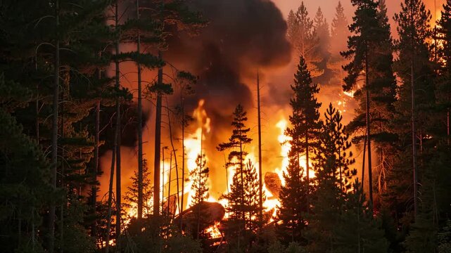 A large wildfire consuming trees in the darkness of night with no sign of relief.