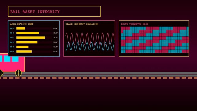 A predictive maintenance interface displays automated rail system data with moving trains and shifting chart graphics showing sensor telemetry readings in a dark purple digital workspace
