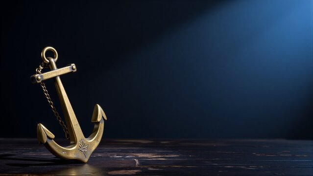 Golden anchor rests on dark wood, symbolizing steadfastness against deep blue backdrop.
