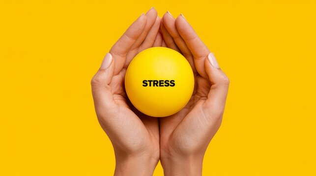 Hands hold a yellow stress ball with the word stress on it against a bright yellow background Generative AI