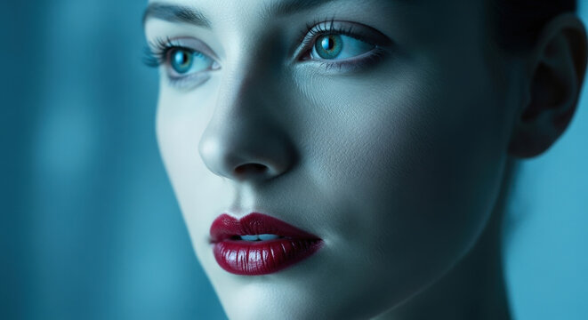 Close up face portrait of mysterious woman with deep green eyes red lips intense gaze cinematic blue lighting aesthetic moody studio photography.