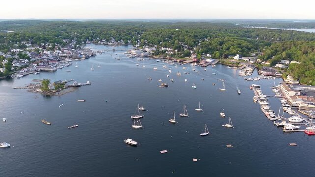 Aerial fly over Boothbay Harbor