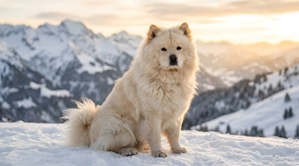Fototapeta premium Fluffy Chow Chow Dog Sitting in Snowy Mountain Landscape at Sunset