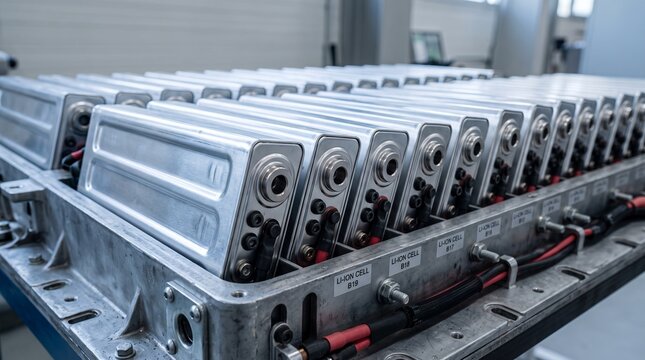 Rows of metallic lithium ion cells assembled together in a rigid frame connected with red and black wiring for electrical power storage battery energy technology industrial