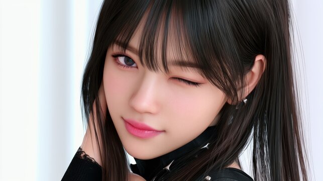 Young woman winks at the camera while posing in a black outfit with a stylish background in bright light Generative AI