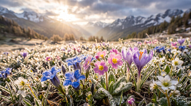 Morning Sunbeams Sparkling on Sparkling Ice-Covered Alpine Wildflowers and Icicles after Spring Ice Storm