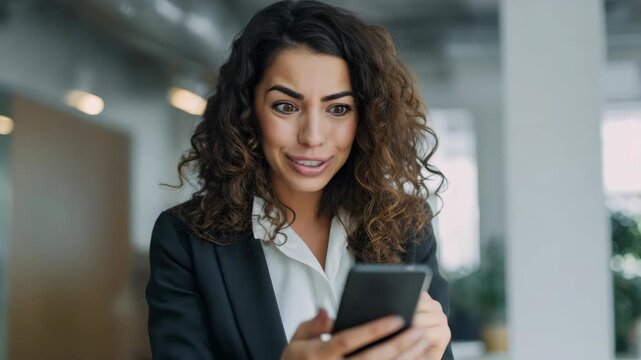 A professional woman in an office checking her mobile device.
