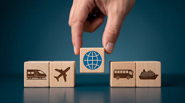 Conceptual illustration of a hand placing a globe icon on a wooden block, representing global travel and transportation options