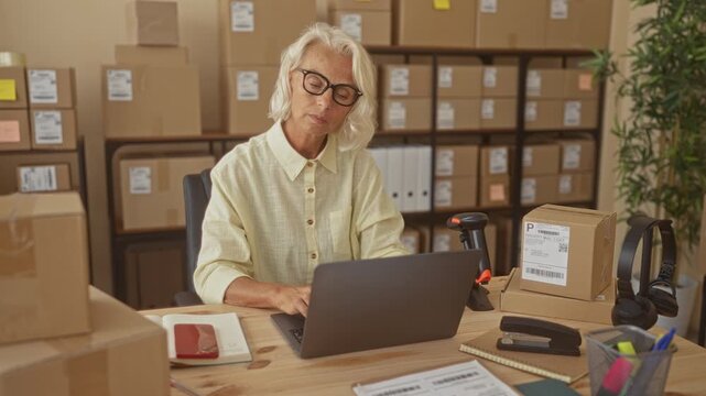 Woman holding phone to ear and typing on laptop amid packed boxes in a warehouse; focused order management.