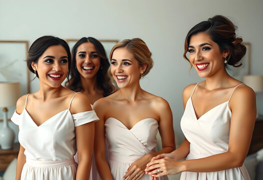 Four diverse bridesmaids in light pink dresses smiling happily at a wedding celebration, the women are dressed in elegant formal wear, their joy and friendship