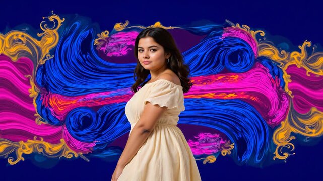 A young woman posing for a portrait against an abstract colorful background.