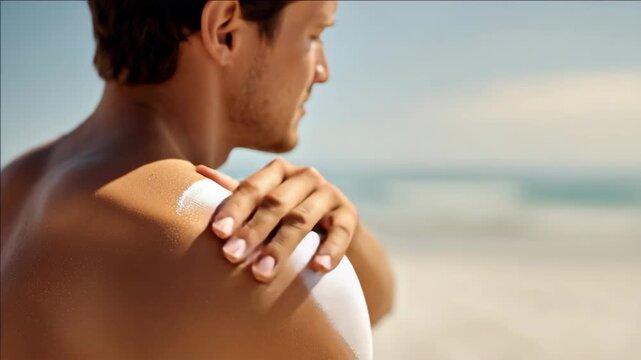 A shirtless young adult male massaging his sunburned skin with lotion while standing on the sand of a sunny beach.