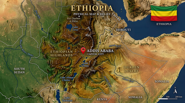 Detailed Physical Map of Ethiopia with Geographic Landmarks