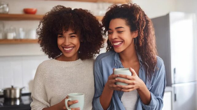 Two women enjoying a cup of coffee and sharing a laugh together in a kitchen.