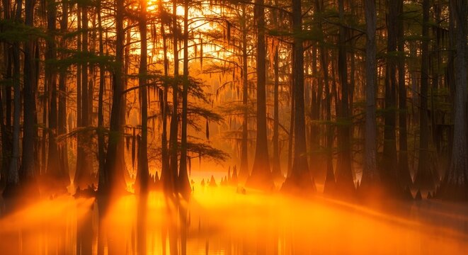 Golden sunset sunlight streaming through misty cypress swamp trees